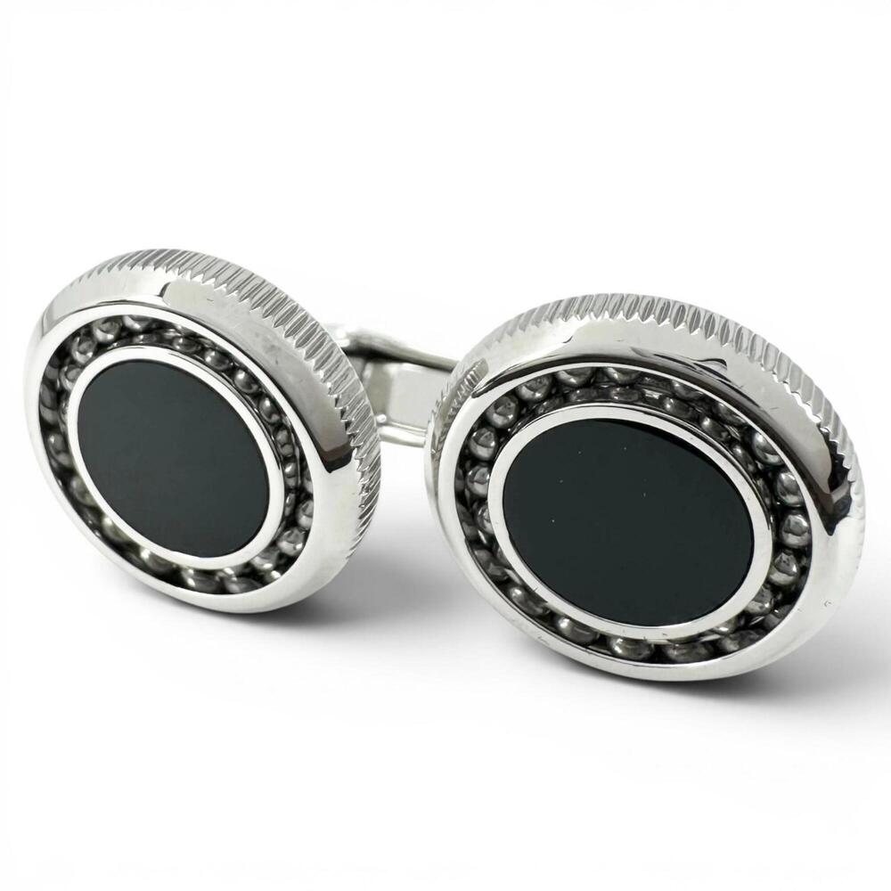 Dunhill JNV3258K Black Agate Circle Design Cufflinks, Silver & Black, Men's, ...